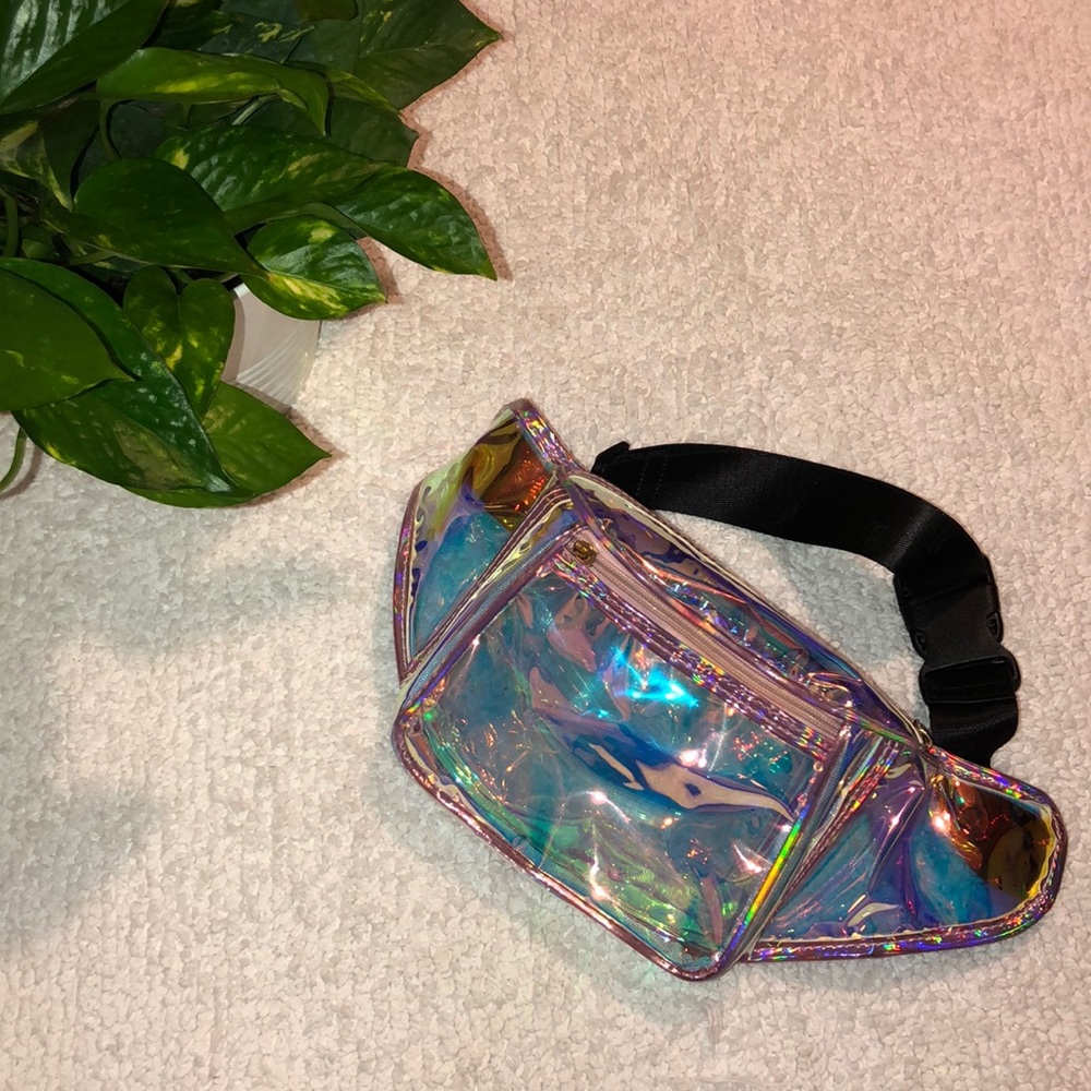 Iridescent pink plastic festival fanny pack